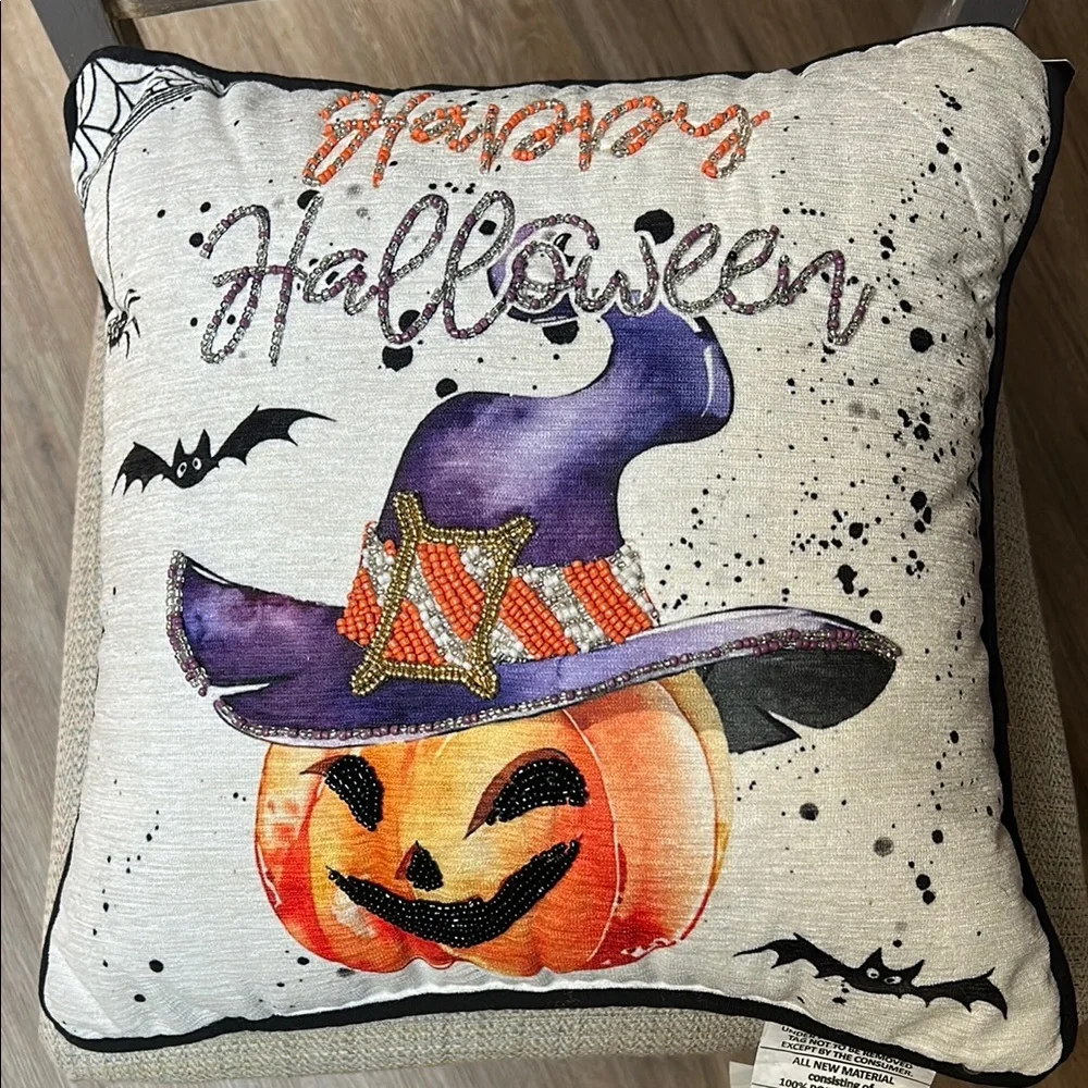 NWT Halloween Decorative Pillow with Pumpkin and Witch Hat 15”